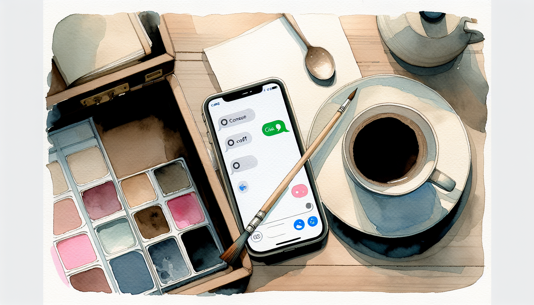 Watercolour illustration of a phone propped beside a half-finished coffee on a wooden table, with an empty chat thread on screen waiting for a reply, in pale paper, faded ink blue, and hesitant pink tones.